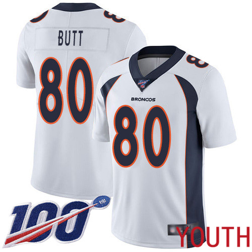 Youth Denver Broncos #80 Jake Butt White Vapor Untouchable Limited Player 100th Season Football NFL Jersey->youth nfl jersey->Youth Jersey
